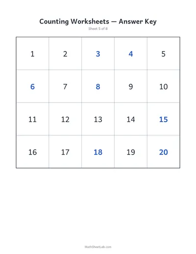 Counting worksheets (1–20) — Sheet 5 answers