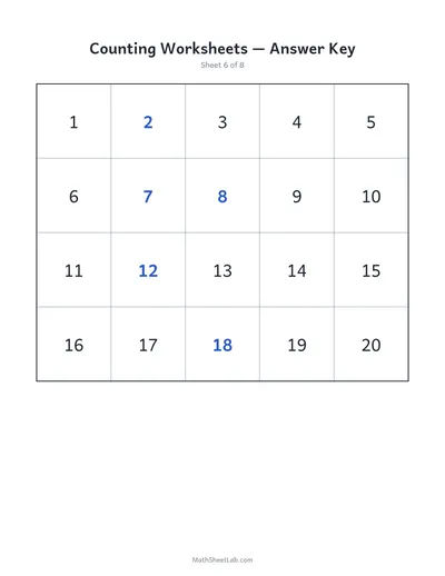 Counting worksheets (1–20) — Sheet 6 answers