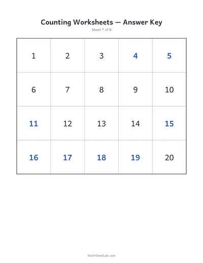 Counting worksheets (1–20) — Sheet 7 answers