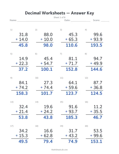 Decimal worksheets (addition) — Sheet 1 answers