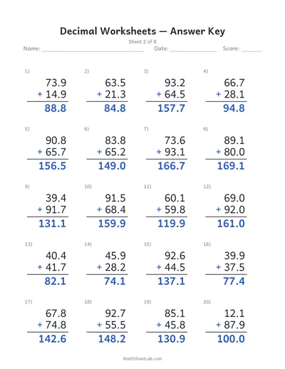 Decimal worksheets (addition) — Sheet 2 answers