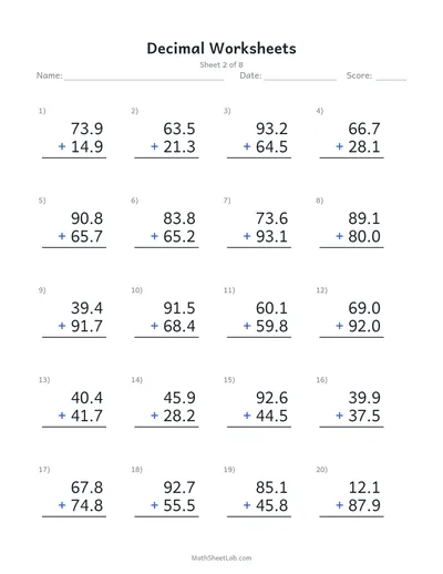 Decimal worksheets (addition) — Sheet 2