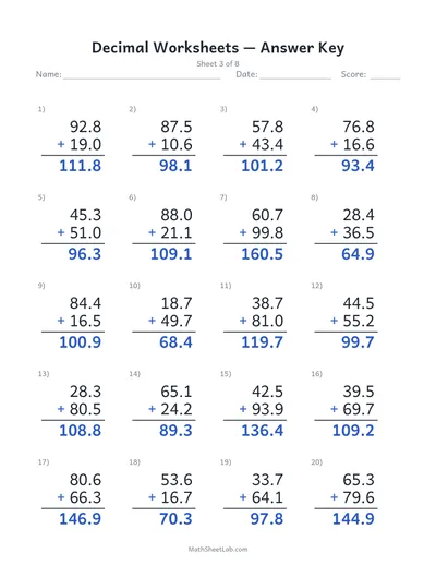 Decimal worksheets (addition) — Sheet 3 answers