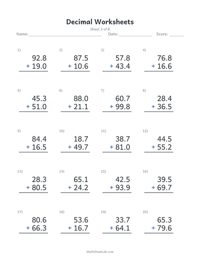 Decimal worksheets (addition) — Sheet 3