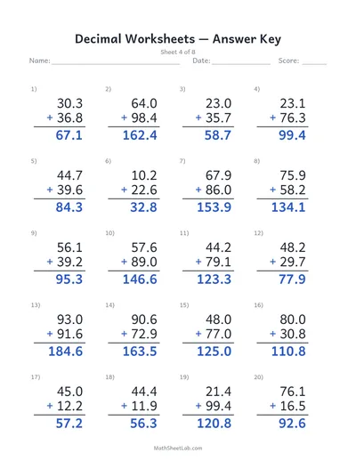 Decimal worksheets (addition) — Sheet 4 answers