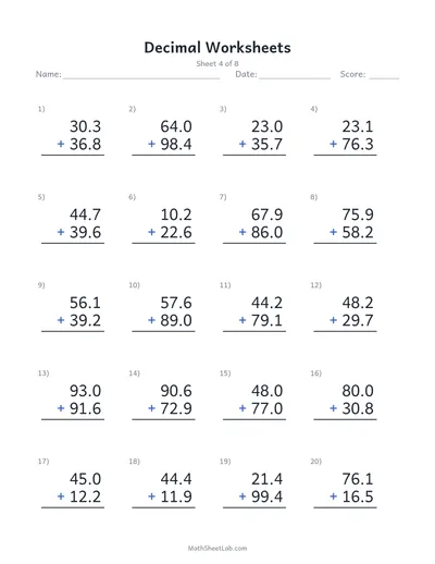 Decimal worksheets (addition) — Sheet 4