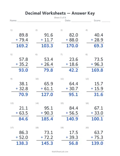 Decimal worksheets (addition) — Sheet 5 answers