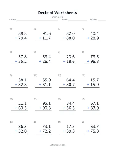 Decimal worksheets (addition) — Sheet 5