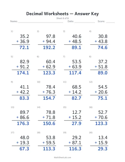 Decimal worksheets (addition) — Sheet 6 answers
