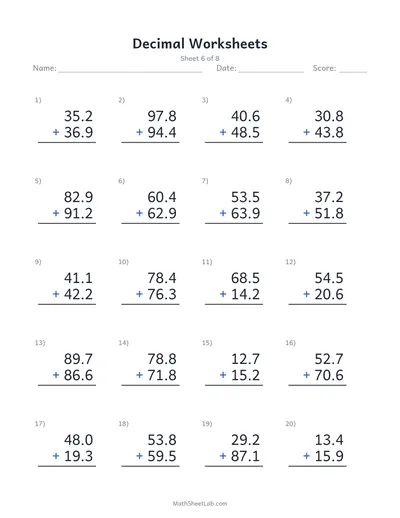 Decimal worksheets (addition) — Sheet 6