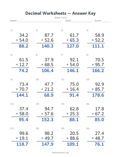 Decimal worksheets (addition) — Sheet 7 answers