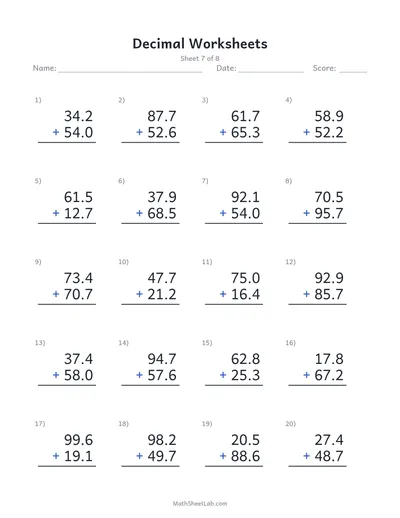 Decimal worksheets (addition) — Sheet 7