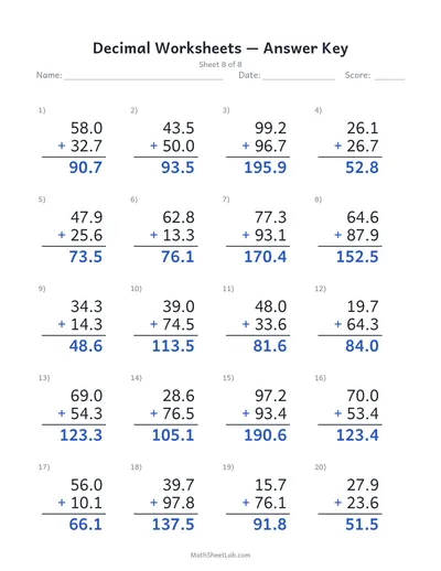 Decimal worksheets (addition) — Sheet 8 answers