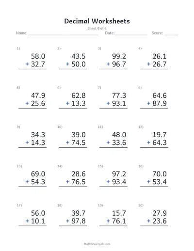 Decimal worksheets (addition) — Sheet 8