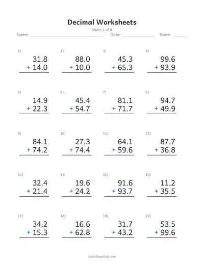 Decimal worksheets (addition) — Sheet 1
