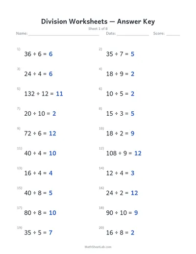 Division worksheets — Sheet 1 answers