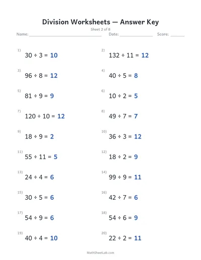 Division worksheets — Sheet 2 answers