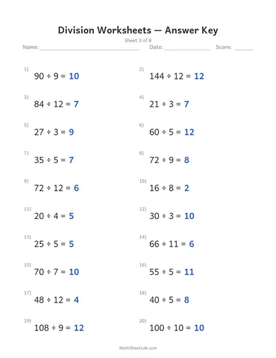 Division worksheets — Sheet 3 answers