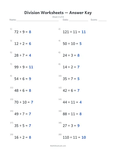 Division worksheets — Sheet 4 answers
