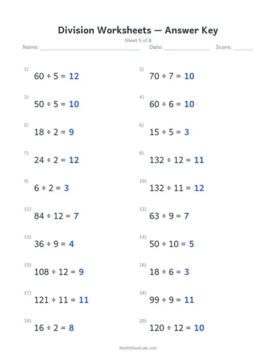 Division worksheets — Sheet 5 answers