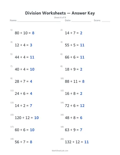 Division worksheets — Sheet 6 answers
