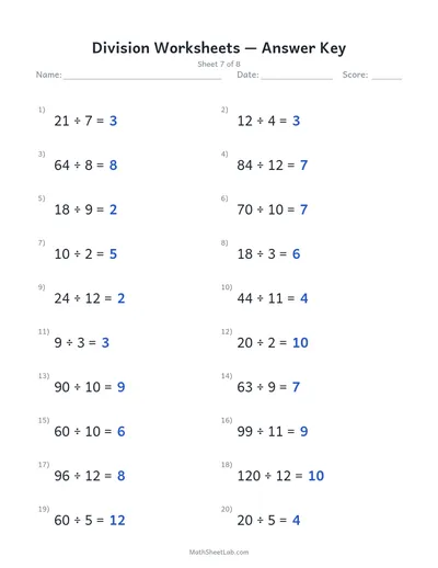 Division worksheets — Sheet 7 answers