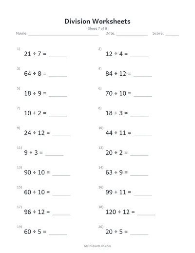 Division worksheets — Sheet 7
