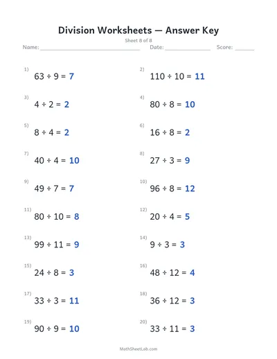 Division worksheets — Sheet 8 answers