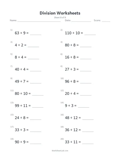 Division worksheets — Sheet 8