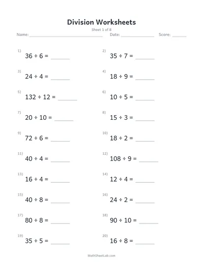 Division worksheets — Sheet 1