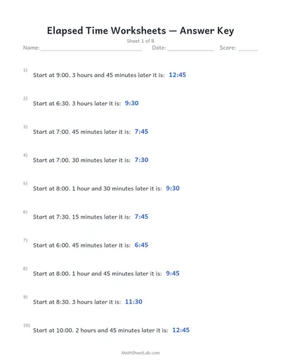 Elapsed time worksheets — Sheet 1 answers