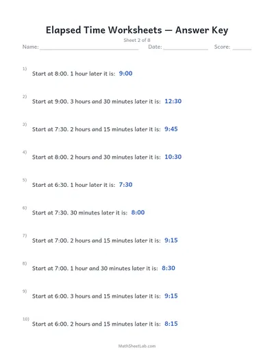 Elapsed time worksheets — Sheet 2 answers