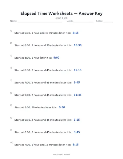 Elapsed time worksheets — Sheet 3 answers