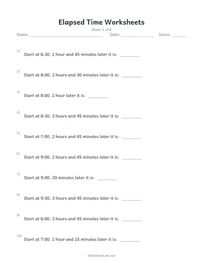 Elapsed time worksheets — Sheet 3