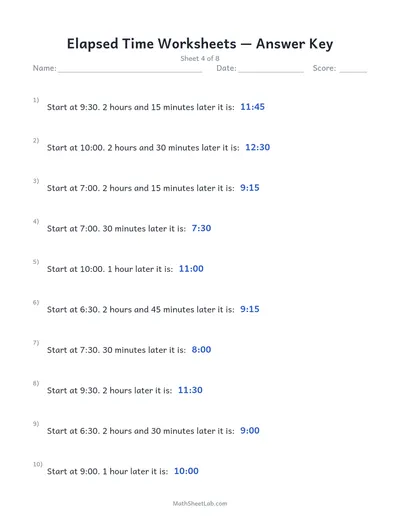 Elapsed time worksheets — Sheet 4 answers