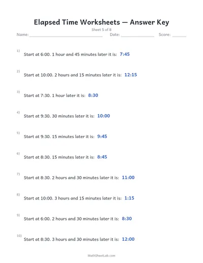 Elapsed time worksheets — Sheet 5 answers