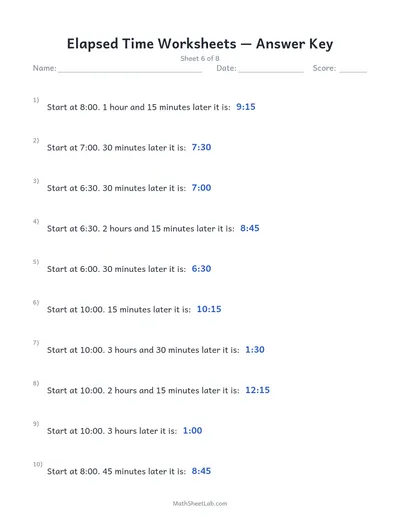 Elapsed time worksheets — Sheet 6 answers