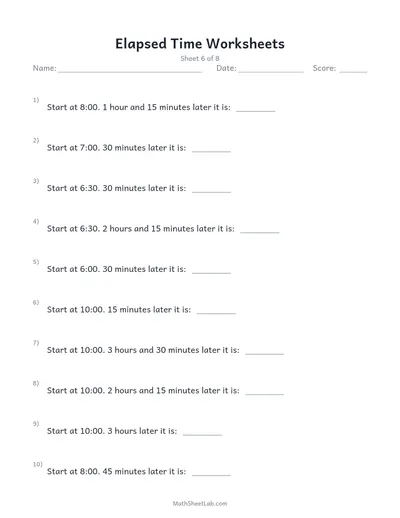 Elapsed time worksheets — Sheet 6