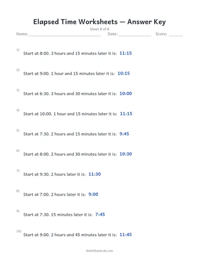 Elapsed time worksheets — Sheet 8 answers