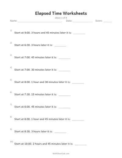 Elapsed time worksheets — Sheet 1