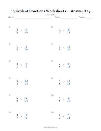 Equivalent fractions worksheets — Sheet 1 answers