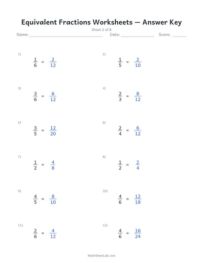 Equivalent fractions worksheets — Sheet 2 answers