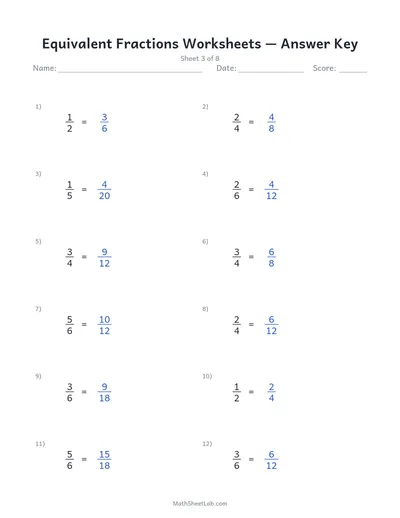 Equivalent fractions worksheets — Sheet 3 answers