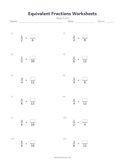 Equivalent fractions worksheets — Sheet 3