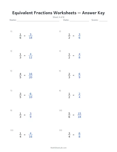 Equivalent fractions worksheets — Sheet 4 answers