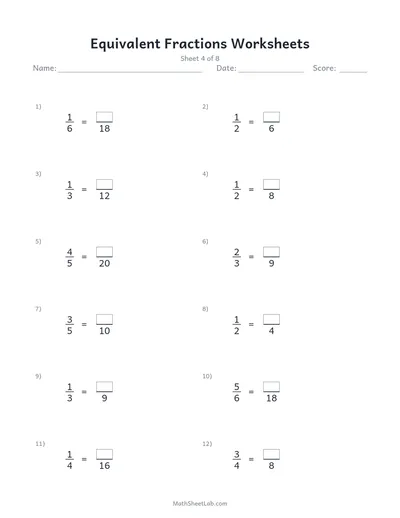 Equivalent fractions worksheets — Sheet 4