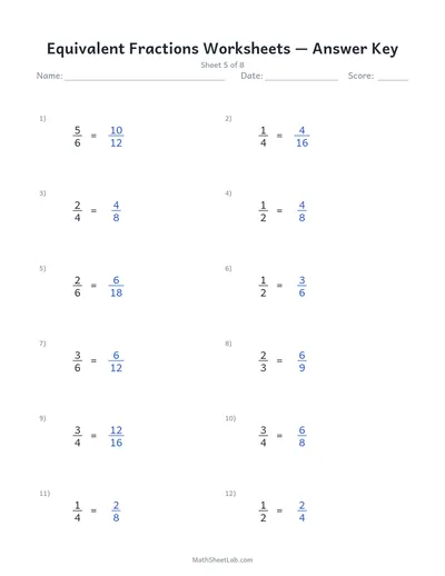Equivalent fractions worksheets — Sheet 5 answers