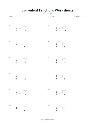 Equivalent fractions worksheets — Sheet 5