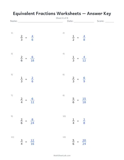 Equivalent fractions worksheets — Sheet 6 answers