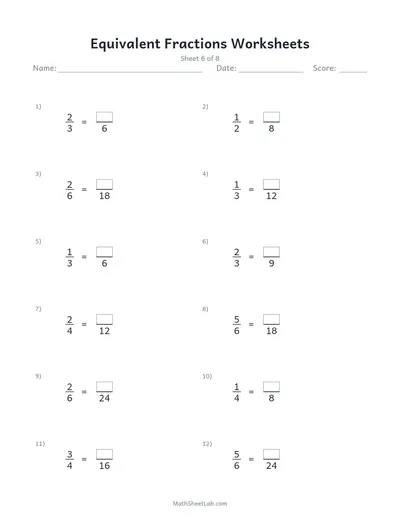 Equivalent fractions worksheets — Sheet 6